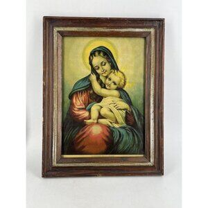 Antique Lithograph Print Madonna Delle Grazie Mary Jesus Wood frame